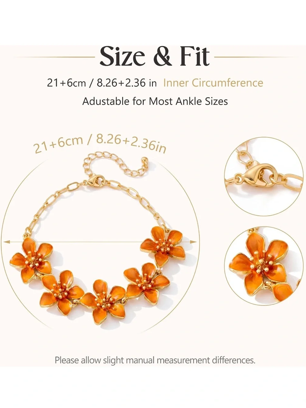 Anthropologie Gold color and Orange Enamel Flower Anklet